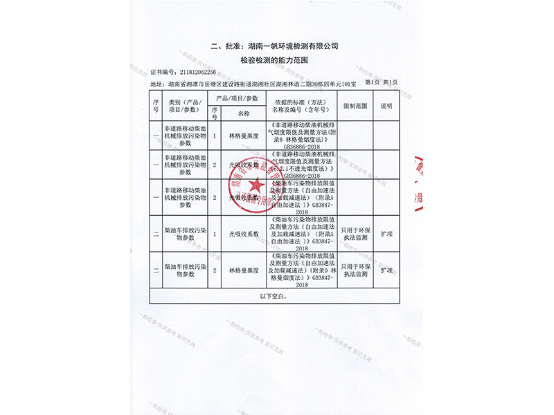 检验检测能力范围